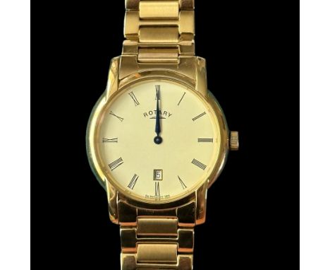 A Gents Rotary gold-plated stainless steel wristwatch and bracelet (GB02581/09), cream dial with black Roman numerals, blue s
