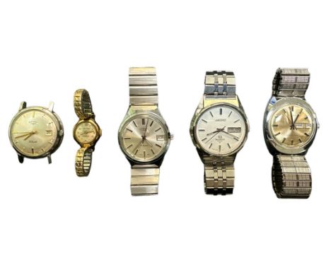 Ladies and Gentlemen's watches to include a Timex 1976 day/ date watch, a Seiko 4004 day/ date gentlemen's watch, a Rotary 17