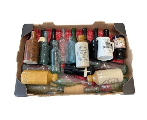 A collection of old bottles to include Beer bottles, Bewick bros Blaydon, Holt Brothers Burnham, R M Bird &amp; Co Stratford 