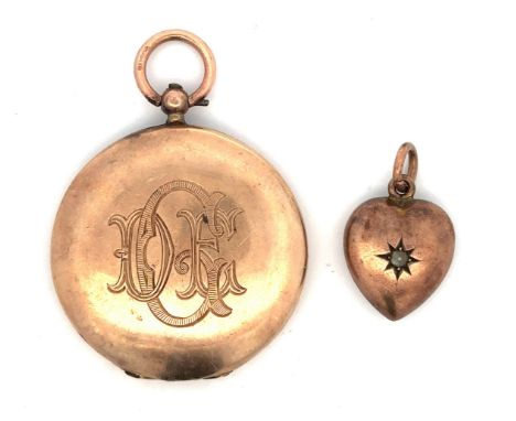 A circular  locket stamped 9 and 375, missing internal glazing, inscribed on front and reverse.  Also a heart pendant set wit