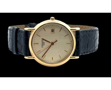 A GENTS TISSOT "1853" 18ct GOLD WRIST WATCH, quartz movement, gilt circular dial with batons, centre seconds hand, date apert
