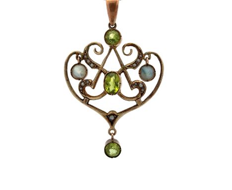Edwardian art nouveau pendant set with peridot, seed pearls and with two mother of pearl drops.  In rose gold setting stamped