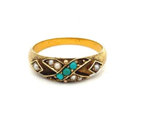 A seed pearl and turquoise ring in 15ct gold. Two turquoise stones missing. London 1894 hallmarks.  Size L. Total weight 1.72