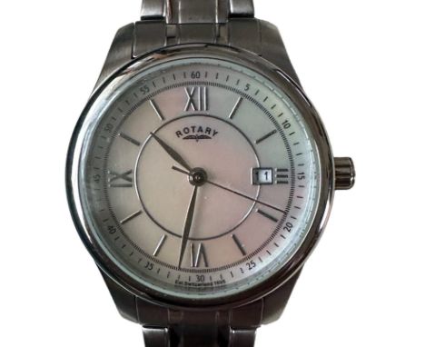 Rotary watch with mother of pearl dial, Roman numeral/ baton hour markers, outer minute markers and date display. Stainless s