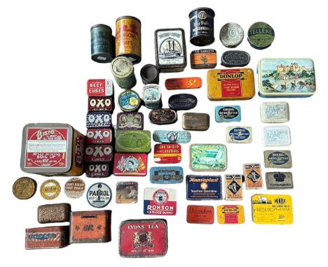 A collection of advertising tins, in mixed condition, to include Sure Shield Laxatives, Bisto, Oxo Beef Cubes (6), Thompson &