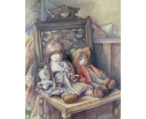 Eve Gregory (British) – ‘Old Friends’, large watercolour on paper painting of a doll and scarecrow doll seated on a chair. Ev