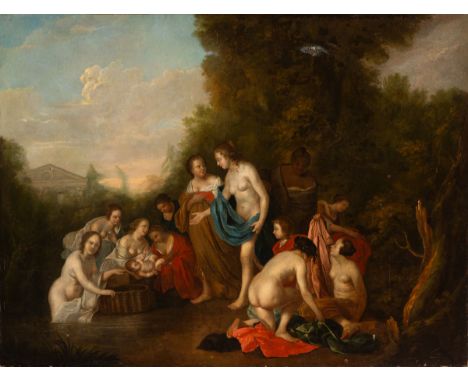 Dutch school; second third of the 18th century."Moses rescued from the waters".Oil on canvas. Relined.Presents repainting and