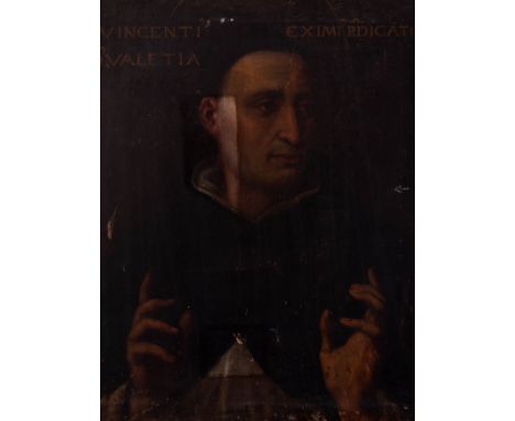 Spanish School; XVII century."St. Vincent Ferrer".Oil on canvas. Relined.Presents perforations, missing a cleaning test and r