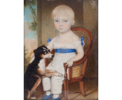 WALTER STEPHENS LETHBRIDGE, (United Kingdom, 1771-1831)."Portrait of a boy with a dog", ca. 1800.Watercolor on ivory.Signed o