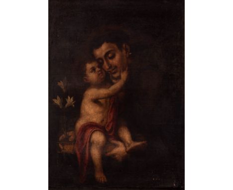 Andalusian school, probably from Granada, late seventeenth century."St. Anthony of Padua with Child".Oil on canvas. Relined.T