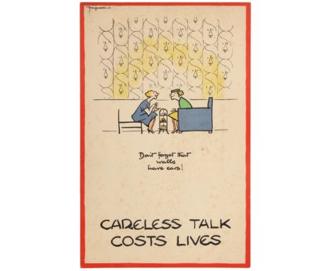 Original vintage World War Two UK propaganda poster: Careless Talk Costs Lives "Don't forget that walls have ears". Two ladie