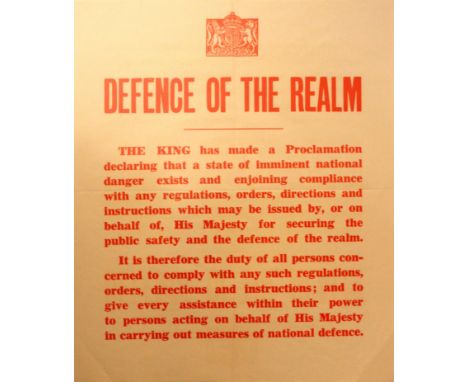 Original vintage World War Two poster - Defence of the Realm, issued to police in 1939, featuring the Royal coat of arms abov