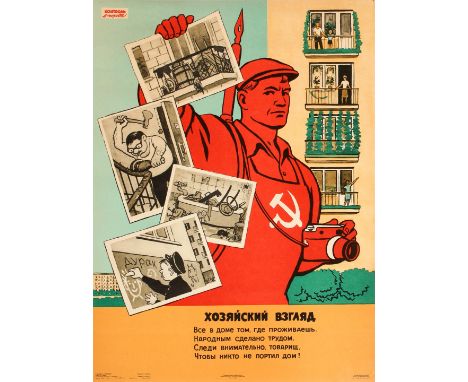 Original vintage Soviet propaganda poster showing a Soviet worker wearing red overalls featuring the hammer and sickle on the