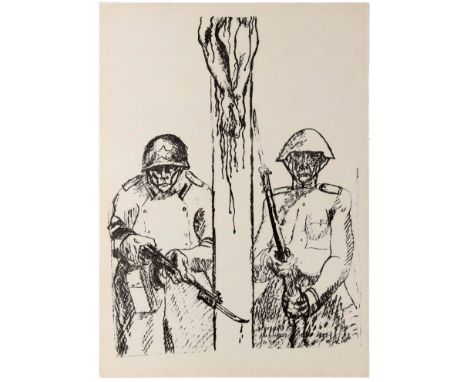 Original vintage anti-Soviet Czech propaganda poster featuring a black and white sketch depicting two Soviet soldiers standin