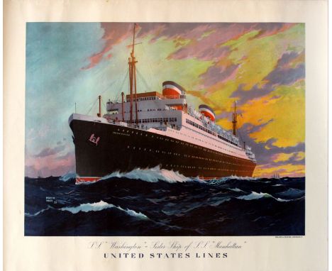 Original vintage cruise ship poster featuring a great image of the SS Washington sister ship of the SS Manhattan - United Sta