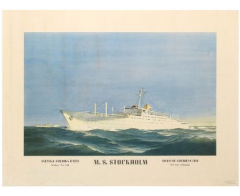 Original vintage travel poster  for MS Stockholm and the Swedish American Line from New York to Gothenburg. Very good conditi