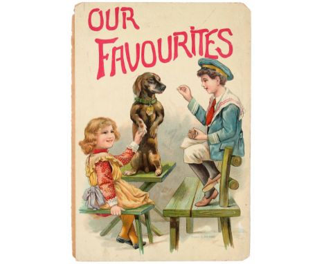 Original vintage lithograph print Our Favourites.  Victorian style illustration of children giving their daschhund dog treats