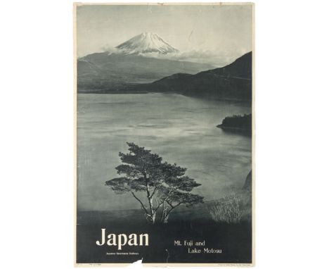 Original vintage travel poster for Japan featuring a black and white photo of a tree next to lake Motosu , with Mt Fuji  loom