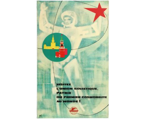 Original vintage travel poster promoting tourism in the Soviet Union to France featuring a great illustration of a cosmonaut 