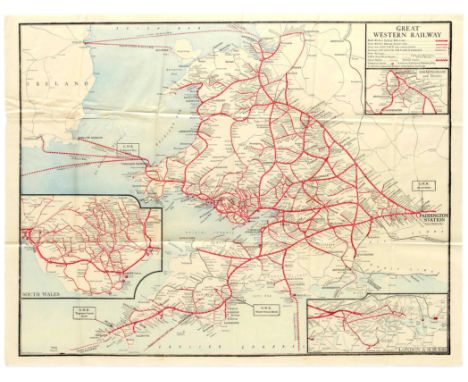 Original vintage colour railway map of the Great Western Railway, includes details, to larger scale, of the system in London 