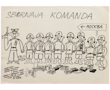Original vintage anti-Soviet Czech propaganda poster in black and white showing a Soviet officer and a group of vagabond men 