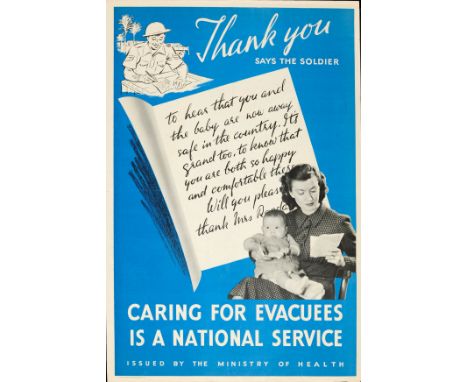 Original vintage World War Two propaganda poster: Thank You Says The Soldier - Caring For Evacuees Is A National Service. Gre