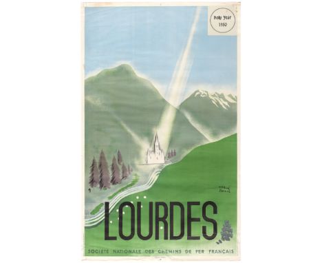 Original vintage travel poster for the small market town of Lourdes lying in the foothills of the Pyrenees, one of the world'