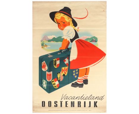 Original vintage travel poster Vacation Country Austria / Vacantieland Oostenrijk featuring a great illustration of a young g