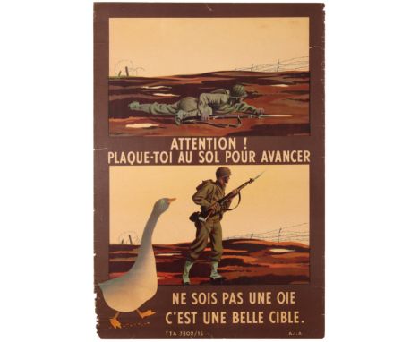 Original vintage World War Two propaganda poster Warning! Crawl on the Ground to Advance - Do not be a Nice Target / Attentio