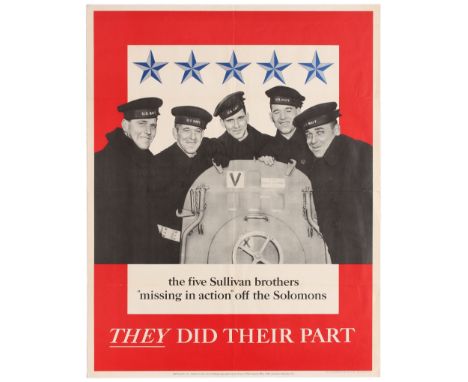 Original vintage propaganda poster The Five Sullivan Brothers - Missing in action off the Solomon's - They did their part. Bl