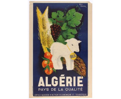 Original vintage travel poster for Algeria / Algerie featuring an illustration of a lamb, wheat, fruit and vegetables on a bl