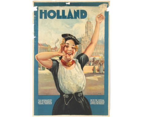 Original vintage travel poster for Holland featuring a great illustration of a lady in traditional Dutch clothing holding up 