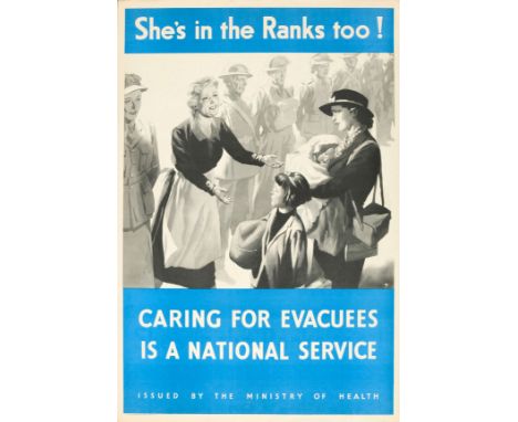 Original vintage World War Two propaganda poster: She's in the Ranks Too! – Caring For Evacuees Is A National Service. Black 