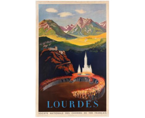 Original vintage travel poster Lourdes - a small market town lying in the foothills of the Pyrenees. Good condition, repaired