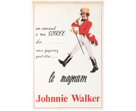 Original vintage advertising poster for Johnnie walker featuring an illustration of man in a red jacket and top hat holding a