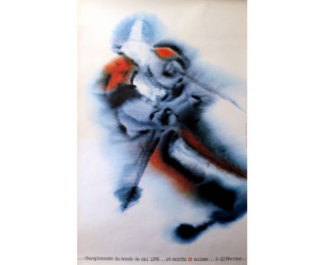 Original vintage poster for the Ski Championships in St Moritz, Switzerland, from 2-10 February 1974. Dynamic image of a skie