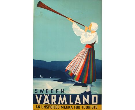 Original vintage travel advertising poster for Sweden - Varmland - an unspoiled mekka for tourists. Great image of a lady in 