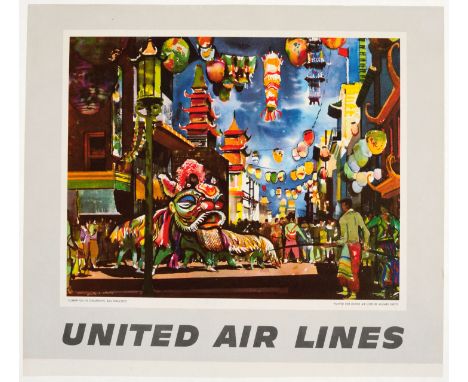 Original vintage travel advertising poster for United Airlines featuring a watercolour painting by the American artist Millar