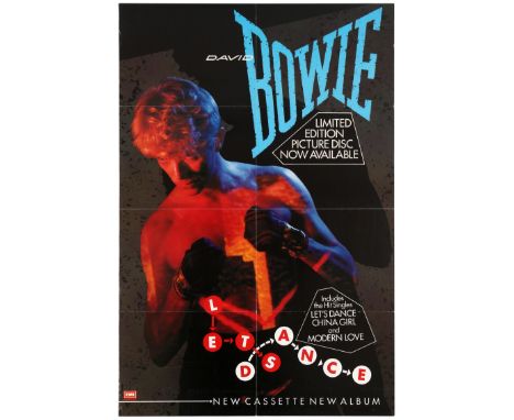 Original vintage music advertising poster for the release of David Bowie's fifteenth album Let's Dance in 1983, including the