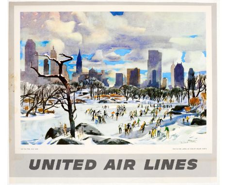 Original vintage travel advertising poster for United Airlines featuring a watercolour painting by the American artist Millar