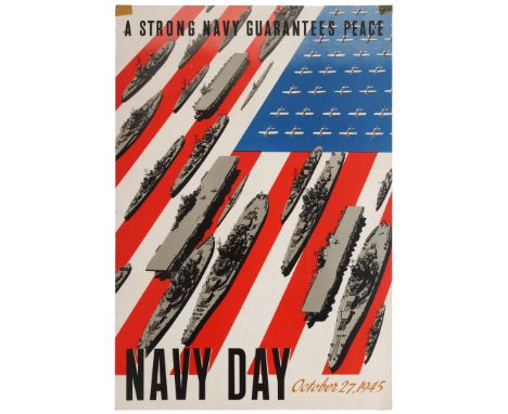 Original vintage propaganda poster A Strong Navy Guarantees Peace Navy Day October 27, 1945. Great modernist design showing w