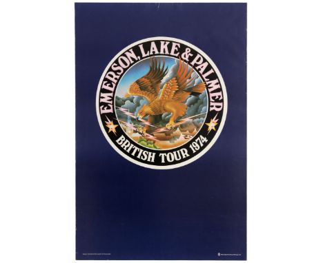 Original vintage music advertising poster for the Emerson, Lake &amp; Palmer British Tour 1974. Great design features an eagl