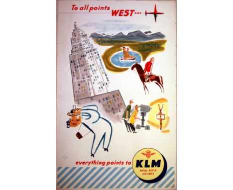 Original vintage travel poster advertising KLM: To All Points West ... Everything Points to KLM Royal Dutch Airlines. Fun ima