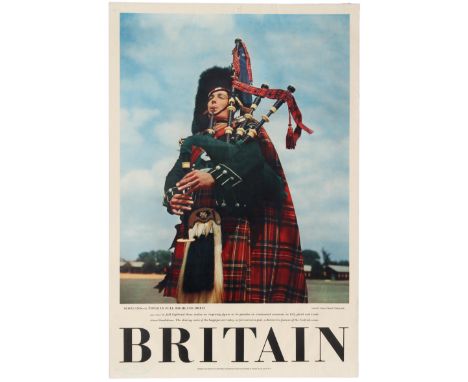 Original vintage travel poster for Britain featuring a photo taken by the Scottish tourist board of a bagpiper in full highla