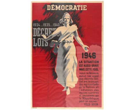 Original vintage propaganda poster issued in France in 1946 - Democratie / Democracy. Great image of democracy depicted as a 