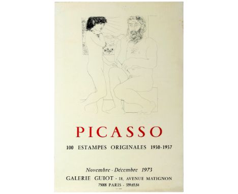 Original vintage advertising poster for an exhibition of one hundred prints by Pablo Picasso at the Galerie Guiot in Paris in