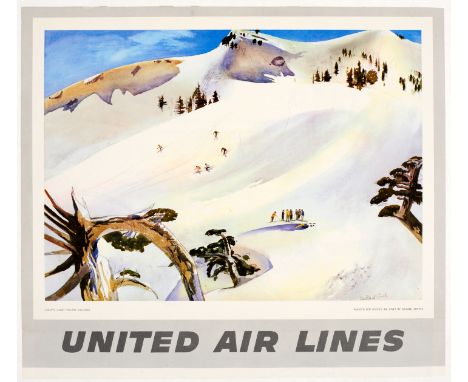 Original vintage travel advertising poster for United Airlines featuring a watercolour painting by the American artist Millar