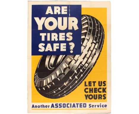 Original vintage advertising poster  Are Your Tires Safe? Let us check yours, another Associated service - Featuring illustra