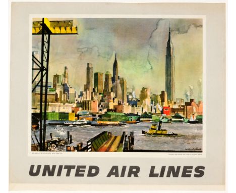 Original vintage travel advertising poster for United Airlines featuring a watercolour painting by the American artist Millar