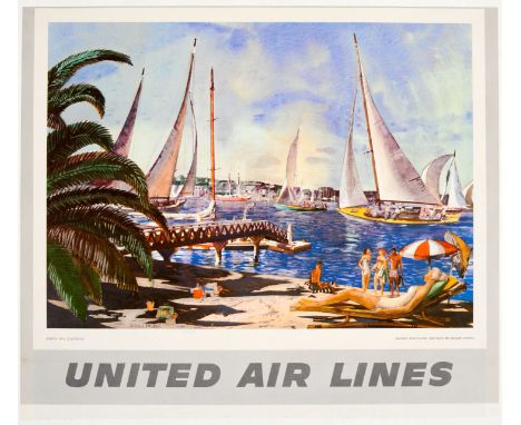 Original vintage travel advertising poster for United Airlines featuring a watercolour painting by the American artist Millar